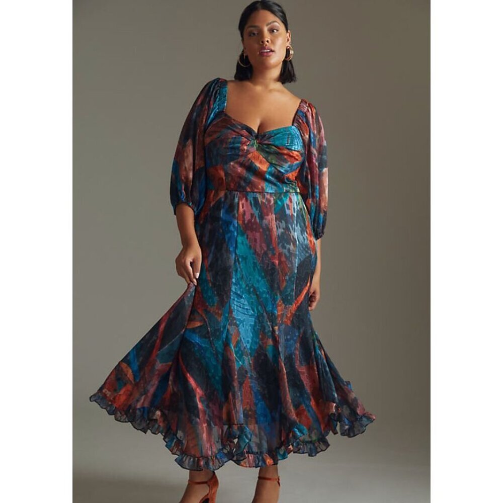 Hutch NWT Printed Twist-Front Puff-Sleeve Ruffle-Hem Dress Size 16W
